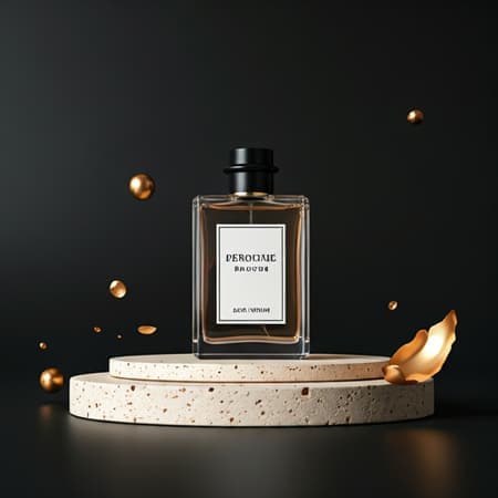 Perfume bottle on stone podium